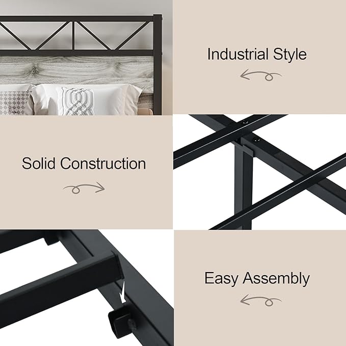 Full Size Bed Frame, 51.2" Tall Industrial Headboard, Full Platform Bed Frame with Strong Steel Slats Support, Noise Free, No Box Spring Needed, Easy Assembly, Wash Grey