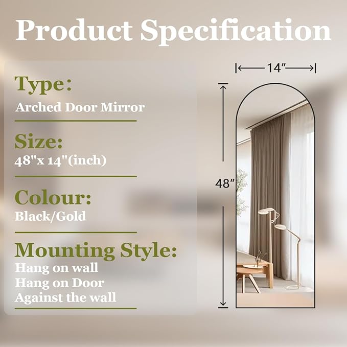 BEAUTYPEAK 14" x 48" Adjustable Height Over The Door Mirror, Arch Full Length Hanging Door Mirror with Shatterproof Tempered Glass Aluminum Alloy Frame for Bedroom, Living Room, Bathroom, Dorm, Black