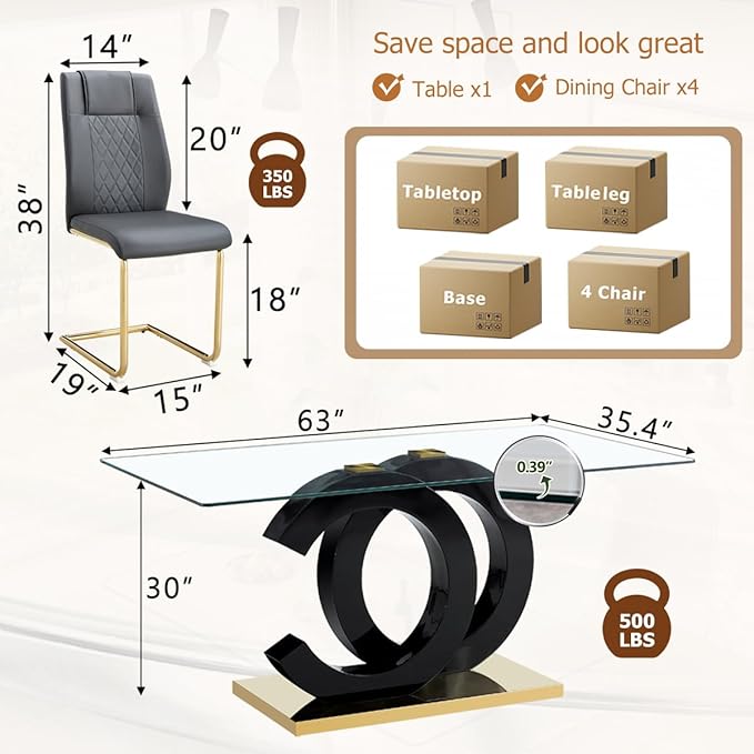 63'' Glass Dining Table Set for 4, Kitchen Table Chairs Set of 4, Clear Glass Dining Table with Black unique design Leg and Gold Metal Base, 4 PU Dining Chairs with Metal Legs, Living Room, Kitchen.