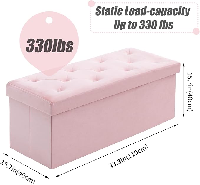 BRIAN & DANY 43 Inches Folding Storage Ottoman Bench, Velvet Ottoman with Storage for Living Room, Long Shoes Bench, Flannelette Footrest Benches Seat (Pink)