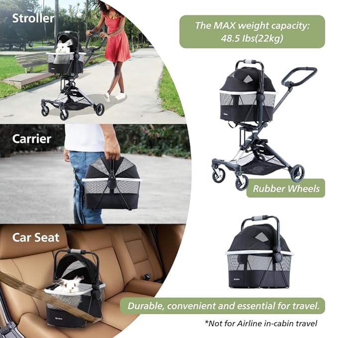 Unilove On The Go Lightweight Pet Stroller for Small Medium Dog or Cat with Detachable Carrier - Compact Pet Stroller and Carrier Combo for Travel - Foldable, Sturdy, Safe - Black