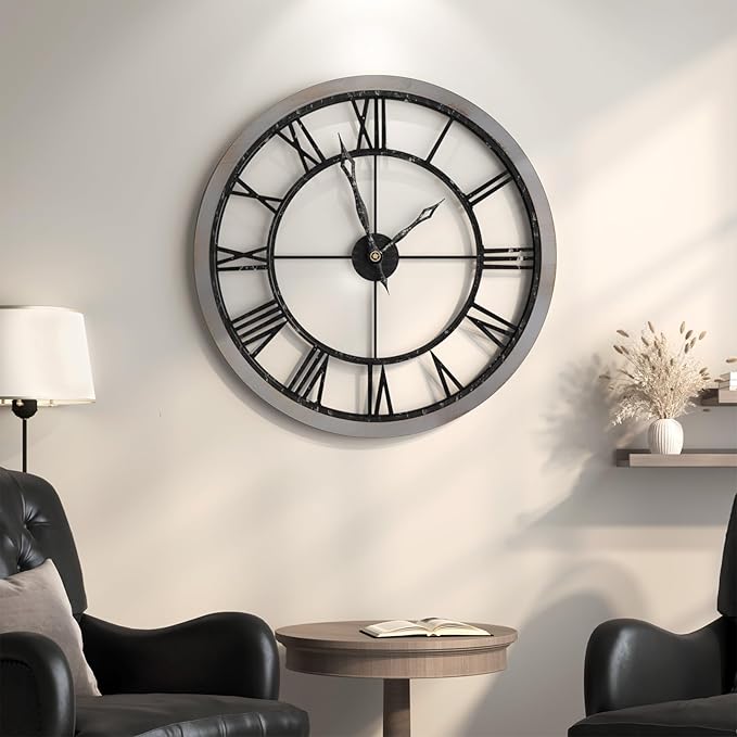 30 Inch Large Wall Clock for Living Room Decor, Modern Wood Decorative Wall Clocks with Solid Wooden Frame, Battery Operated Silent Non-Ticking Clock - Roman Numerals