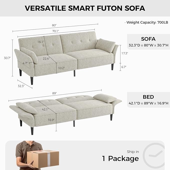 89” Futon Sofa Bed, Comfy Futon Couch Bed with 2 Square Pillows,Convertible Sleeper Sofa with Adjustable Backrest& Armrests, Modern Loveseat Sleeper for Living Room,Velvet Fabric White
