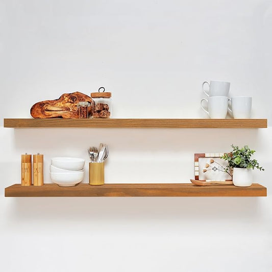 Homeforia 48 inch Golden Oak Floating Shelf, High End Solid Real Wood 48inch Small Floating Shelves for Wall Mounted, Oak Wooden 48in Floating Shelves, Heavy Duty Bracket, 48 X 6.5 X 1.75 in, Set of 3