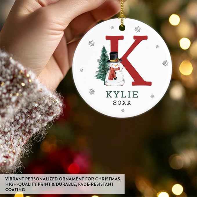 Andaz Press Personalized Ornament, Custom Name, Initial K Monogram Snowman 2.8" Ceramic Porcelain 2025 Christmas Ornament Keepsake for Kids, Boys, Girls, Includes Gold Ribbon & Gift Box, 1-Pack