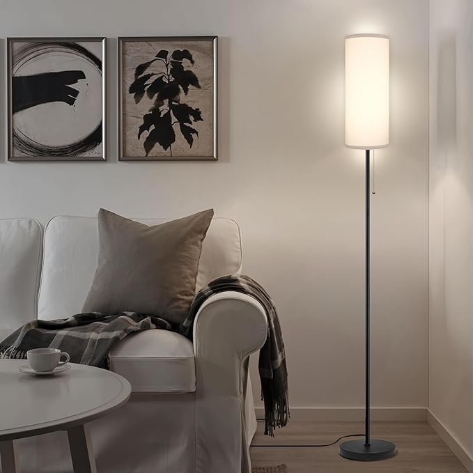 Floor Lamp for Living Room, Modern Standing Lamps with Lampshade, Minimalist Tall Lamp with Chain Switch for Living Room, Bedroom, Kids Room, Office,Standing Lamp LED Bulb Included (White Shade)