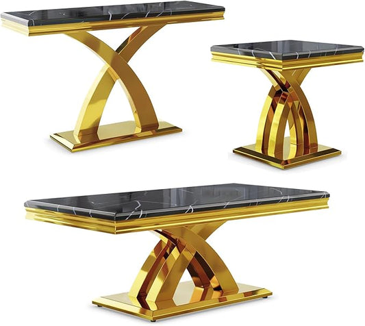 AUZ 3 Pieces Black Gold Living Room Table Set, Coffee Table Set with X-Shape Design Polished Stainless Steel Frame