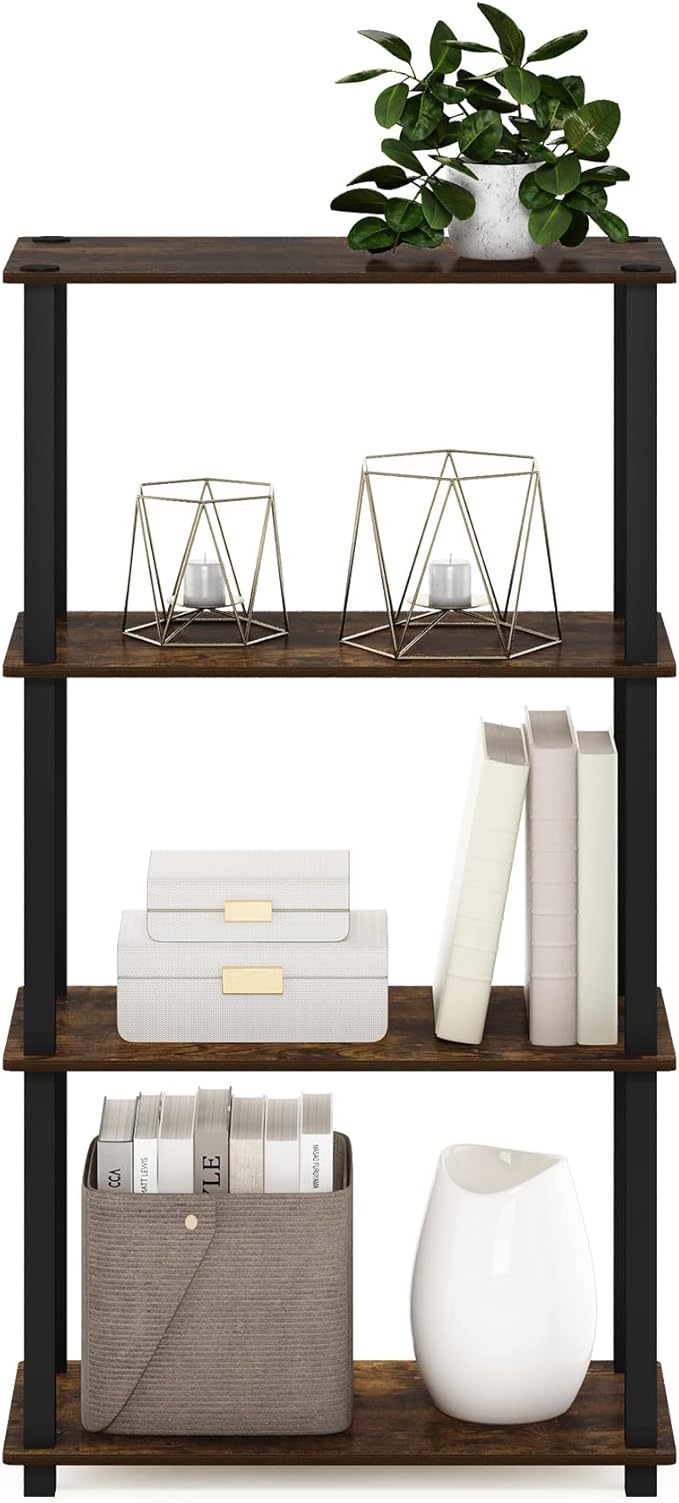 Furinno Turn-S-Tube 4-Tier Compact Multipurpose Shelf Display Rack with Square Tube, Amber Pine/Black