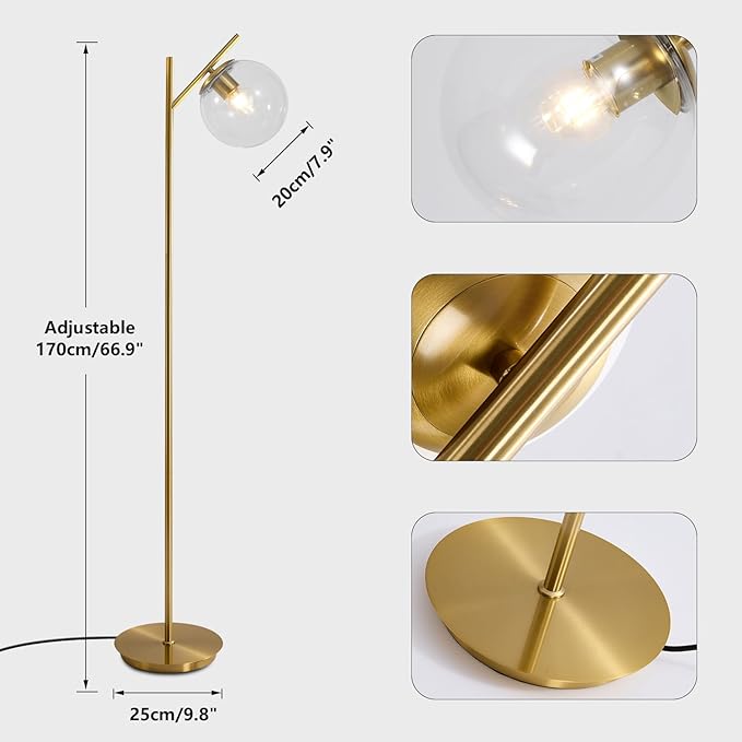 Mid Century Brass Floor Lamps Vintage Clear Standing Lamp for Living Room Modern Tall Freestanding Lamps Retro Farmhouses Globe Floor Lamp for Bedroom Office