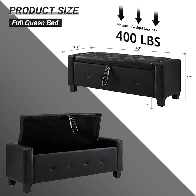 48" Faux Leather Ottoman with Storage, Tufted Storage Ottoman Bench with Safety Hinge, Rectangular Extra Long Bench for Bedroom, Living Room, Entryway and Window, Black