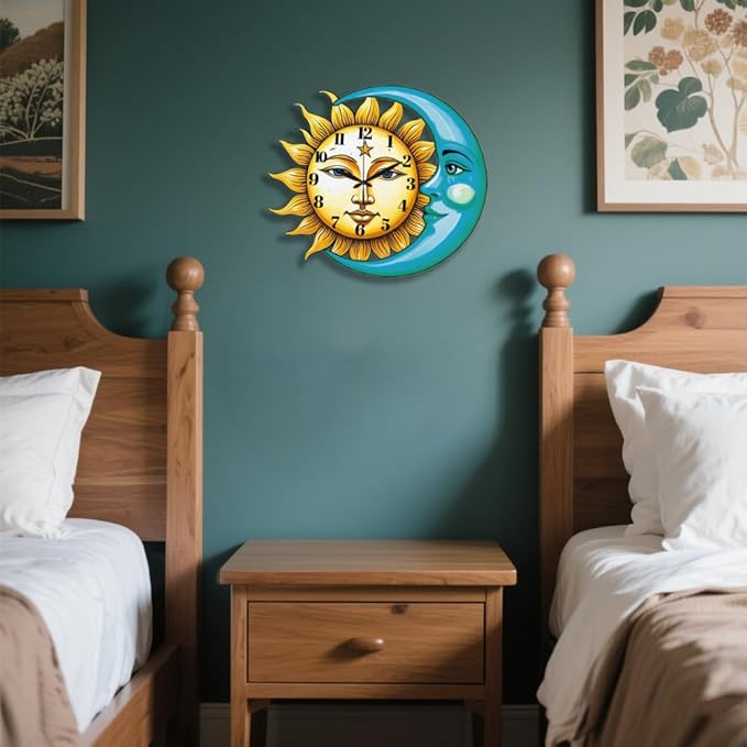 CHGCRAFT Sun and Moon Pattern Wall Clock 14.9 Inch Star Wood Grain Non-Ticking Irregular Shape Clocks Wall Hanging Clock Battery Operated for Bedroom Living Room Kitchen Office