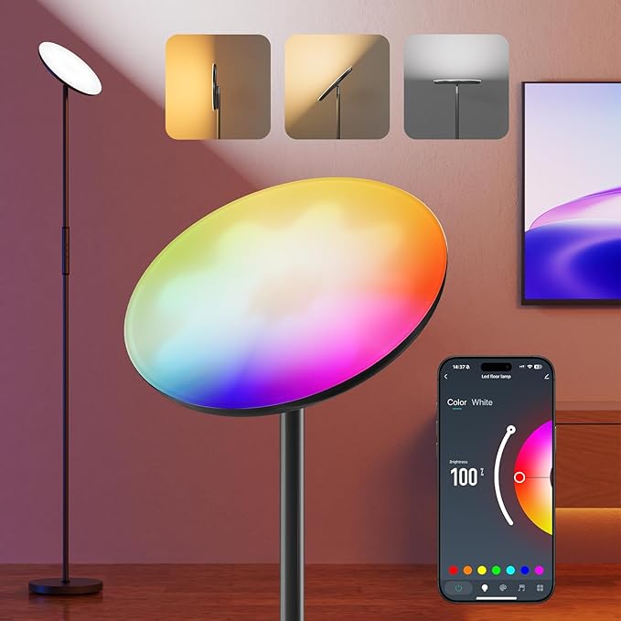 Smart Floor Lamp, 2800LM RGBWW Standing Lamps for Living Room with Smart App & Voice Control, 69.3in Torchiere Floor Lamps Color Changing, 350°Rotating LED Tall Lamp for Bedroom Office Gaming Party
