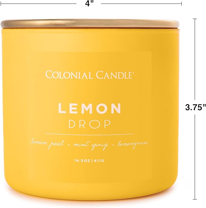 Colonial Candle Lemon Drop Scented Jar Candle, Pop of Color Collection, 3 Wick, 14.5 oz - Up to 60 Hours Burn