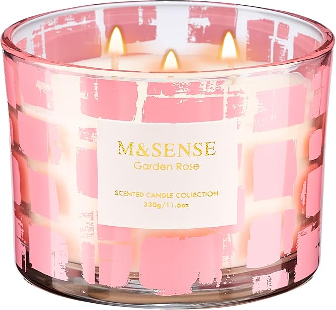 M&SENSE Garden Rose Scented,11.6oz Natural Soy Wax Non Toxic for Home, 3 Wick Jar Candle, Up to 60 Hours Burn time, Home Decor Housewarming Gift for Women and Men