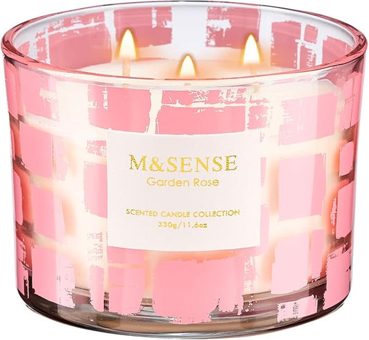 M&SENSE Garden Rose Scented,11.6oz Natural Soy Wax Non Toxic for Home, 3 Wick Jar Candle, Up to 60 Hours Burn time, Home Decor Housewarming Gift for Women and Men