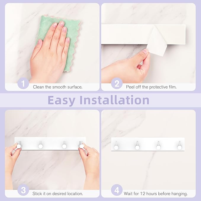 VIS'V Key Holder Wall Mount, Large Metal Self Adhesive Key Hanger with 4 Hooks, No Drilling, Extra Adhesive Strip, White