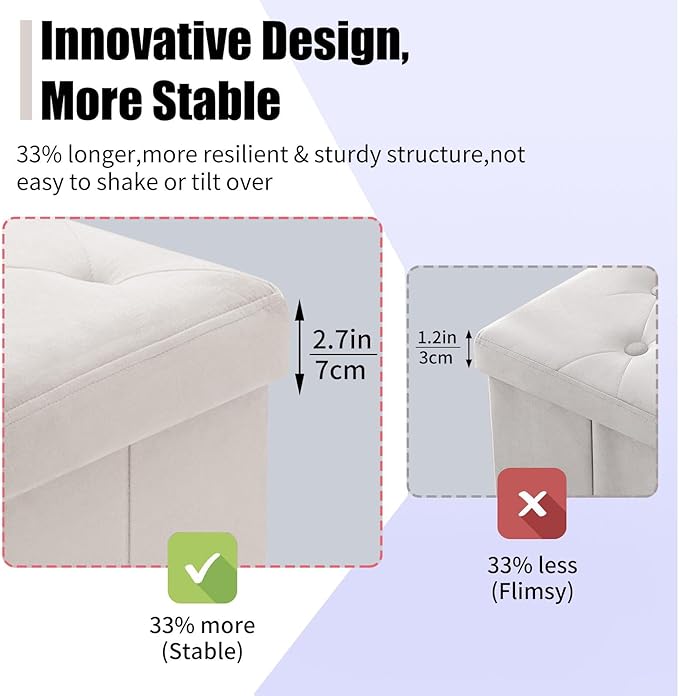 BRIAN & DANY 43 Inches Folding Storage Ottoman Bench, Velvet Ottoman with Storage for Living Room, Long Shoes Bench, Flannelette Footrest Benches Seat (White)