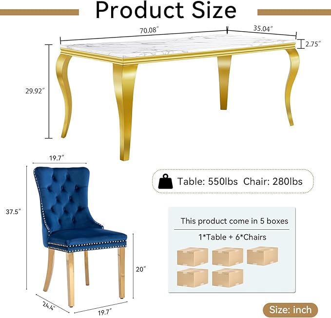 70" Marble Dining Table Set for 6, Modern 7 Piece Dining Room Table Set with White Faux Marble Dining Table & 6 Blue Velvet Upholstered Chairs, Luxury Gold Kitchen Table Chairs Set of 6