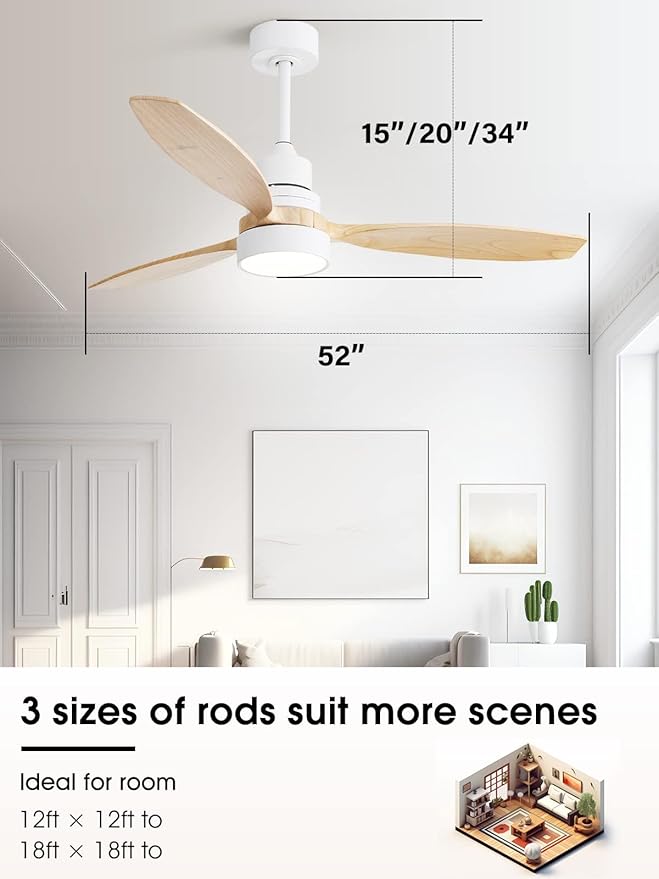 Sofucor Ceiling Fan with Lights, 52 Inch Mordern Wood Ceiling Fan with Remote for Indoor Farmhouse Bedroom Living Room Outdoor Patio Porch, Reversible DC Motor, Noiseless