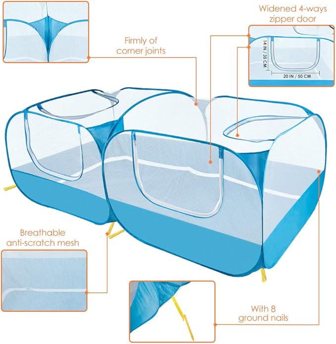 SlowTon Small Animals Playpen, Portable Large Chicken Run Coop with Detachable Bottom Breathable Transparent Mesh Walls, Foldable Pet Enclosure for Puppy Kitten Rabbits Indoor Outdoor(BL,Flat Top)