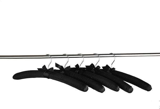 Black Satin Padded Sweater Hangers 10 Pack, Blouse Hanger with Thick & Soft Foam for Bridal Wedding Dress Lingerie, Smooth Silk Covered Shirt Hanger Without Shoulder Bump