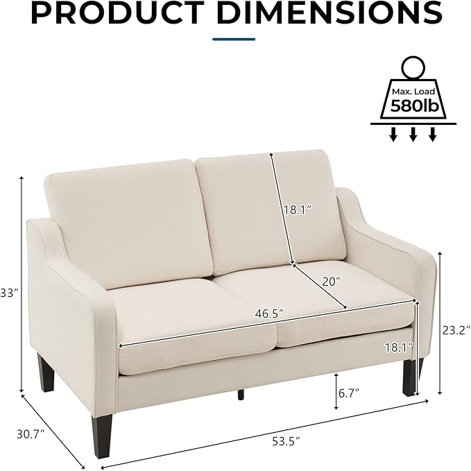 VINGLI Loveseat 53" Small Couch Loveseat Sofas for Living Room Mid Century Modern Sofa Couch Beige Love Seat Couches with Scooped Arms for Small Spaces, Bedroom, Apartment, Studio