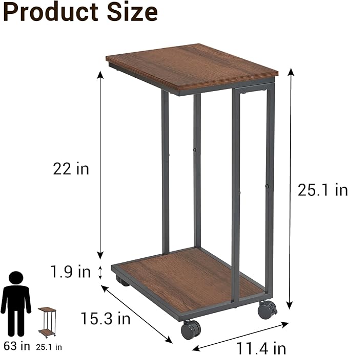 C-Shaped End Table for Couch, Slide Under Sofa Snack Table, Small TV Tray, C Table with Wheels, Laptop Desk for Living Room, Bedroom, Small Spaces,Brown
