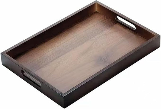14.9''x10.2''x1.57'' Bamboo Wooden Tray with Handles, Rectangular Natural Solid Wood, Black Walnut Color Serving Tray Suitable for Kitchen,Bedroom,Coffee, Party Bars.
