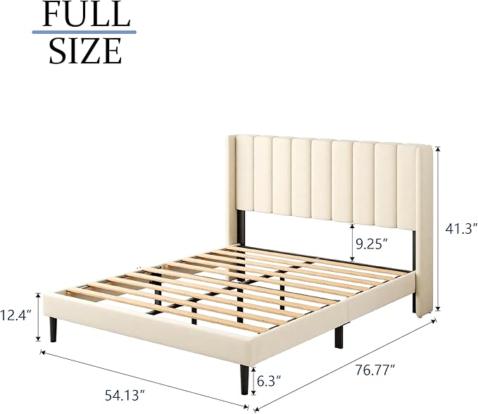 Full Size Bed Frame with Upholstered Wingback Headboard, Easy Assemnly Platform Bed, Wooden Slat Support No Box Spring Needed, Cream