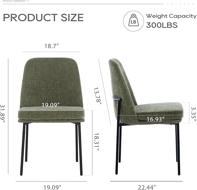 COLAMY Modern Dining Chairs Set of 2, Fabric Upholstered Dining Room Chairs Dinner Chair Stylish Kitchen Chairs with Curved Back and Metal Legs, Green