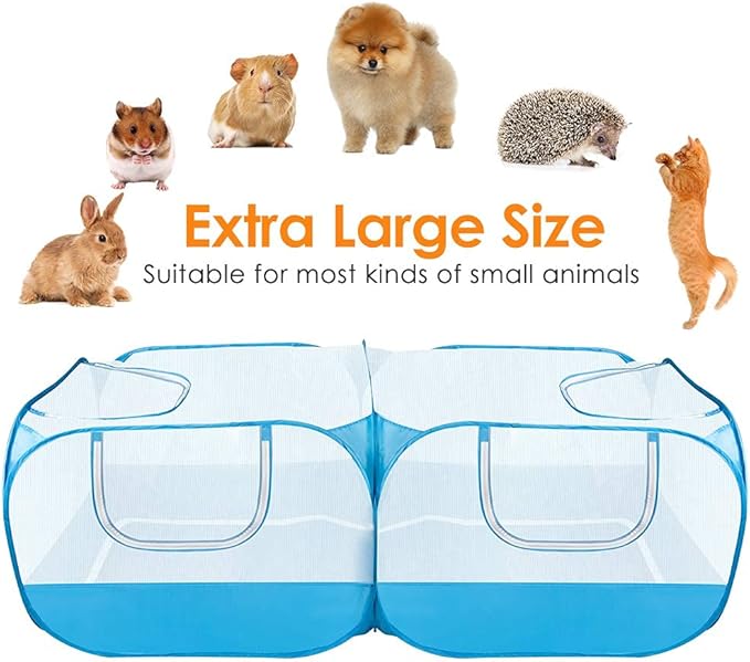 SlowTon Small Animals Playpen, Portable Large Chicken Run Coop with Detachable Bottom Breathable Transparent Mesh Walls, Foldable Pet Enclosure for Puppy Kitten Rabbits Indoor Outdoor(BL,Flat Top)