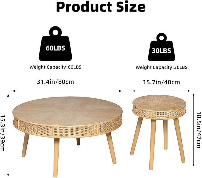 RUSTOWN 2-Piece Round Coffee Table Set with Rattan Accent, Soild Wood Leg, Farmhouse Modern Side Tables for Living Room, Boho Decor, Natural Finish