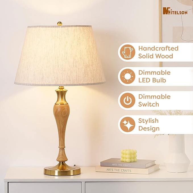 Table Lamp, Modern Nightstand Desk Lamp with Dimmer Switch and Bulb, Mid Century Lamp for Living Room and Office, Wood Bedside Lamp for Bedroom, Home Décor, Natural Wood Finish