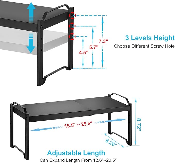 X-cosrack 25.5 Inches 3 Pack Expandable Cabinet Shelves, Stackable Shelf Organizer for Kitchen Cabinet Countertop Storage, Adjustable Counter Cupboard Pantry Organizer Shelf Rack Stand Riser, Black