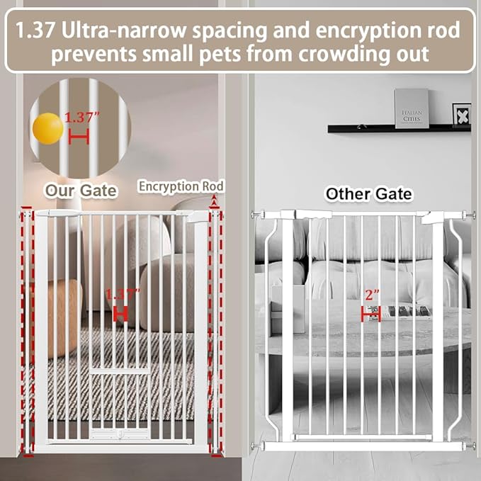 40.55" Tall 1.37" Ultra Narrow Spacing 73.43"-81.30" Extra Wide Dogs Pets Baby Gate with Cat Door for Doorway Safety Proof Indoor Puppy Pressure Mounted No Drill White Black Metal Hallway