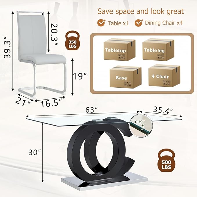 63'' Glass Dining Table Set for 4, Kitchen Table Chairs Set of 4, Clear Glass Dining Table with Black unique design Leg and Silver Metal Base, 4 PU Dining Chairs with Metal Legs, Living Room, Kitchen.