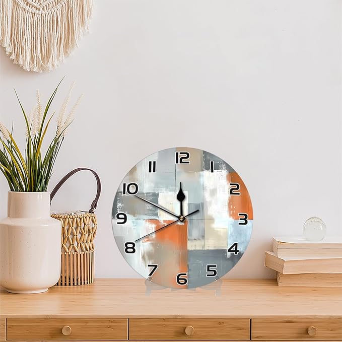 Abstract Orange Grey White Beige Art Wall Clock Battery Operated 10 in Round Wall Clocks Slilent Non Ticking Quartz Analog Clock for Bedroom Kids Living Room Classroom Decor
