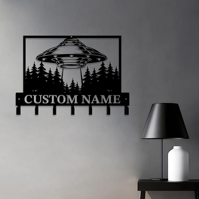 Personalized Custom Alien UFO Metal Wall Keys Hooks,Clothes Hooks Alien ET Art Coat Racks,Door Holder,Black Alien UFO Decorations for Home,Entrance Doors,Hallway, Bedroom,Keys,Hats (Style G)