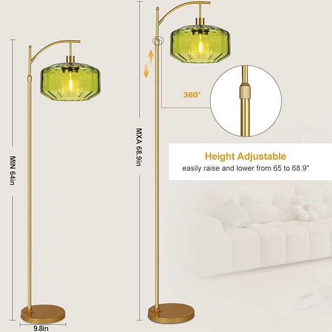 Arc Floor Lamps for Living Room Bedroom,Gold Floor Lamp with Remote Control & Glass lampshape,Dimmable Floor Lamp Modern Mid Century Modern Standing Lamp Vintage Tall Flower Lamp for Bedroom Corner