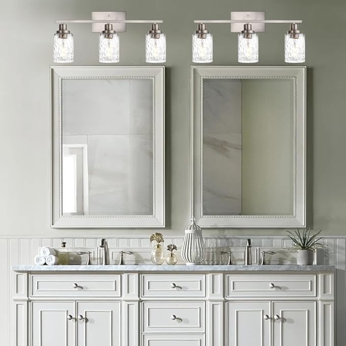MELUCEE 3-Light Bathroom Lights Modern Vanity Lights Brushed Nickel Finish with Hammered Glass Shade, Industrial Wall Light Fixture for Bedroom Living Room Kitchen (Patent No.: US D963914 S)