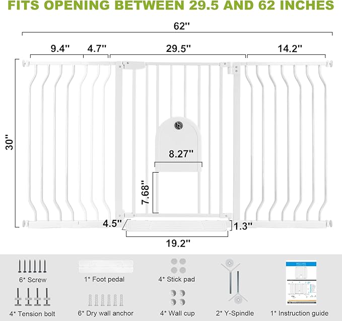 Auto Close 29.5"-62" Safety Metal Dog Extra Wide Pet Gate for Doorway, Stairs, House, Walk Through Child Gate with Pet Door, Includes 4 Wall Cups and 2 Extension Pieces Baby Gate with Door
