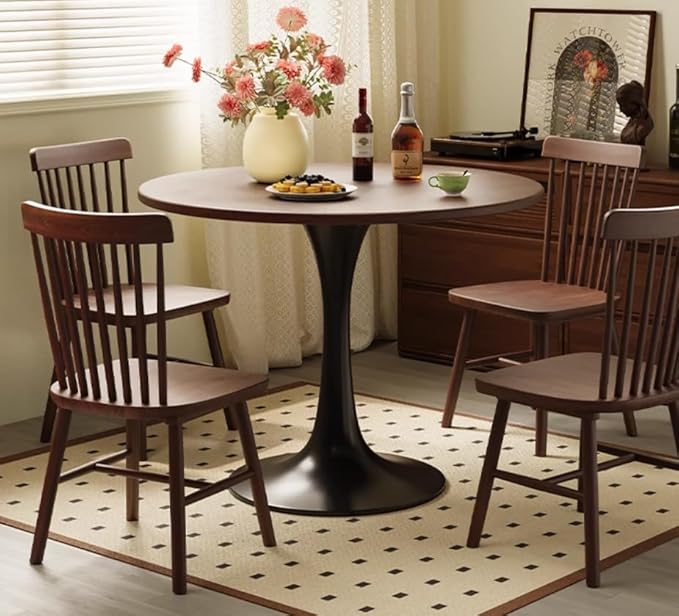 24" Tulip Table for 2-3 Persons Walnut Modern Round Dining Tables Mid-Century Kitchen Table Wooden MDF Top Steel Base Small for Living Room Balcony Leisure (Walnut, 23.6")