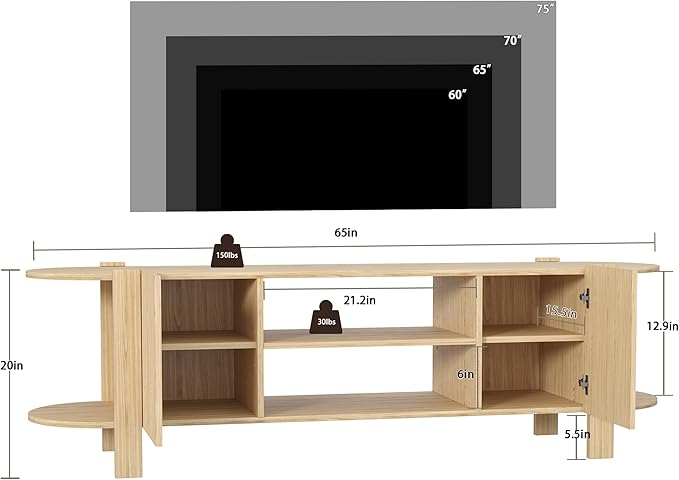 65 Inch TV Stand for Up to 75 inch TVs, Fluted Entertainment Center with Adjustable Shelve, Curved Round Corner TV Console Table with Storage Cabinet for Living Room, Bed Room (Natrual Wood)