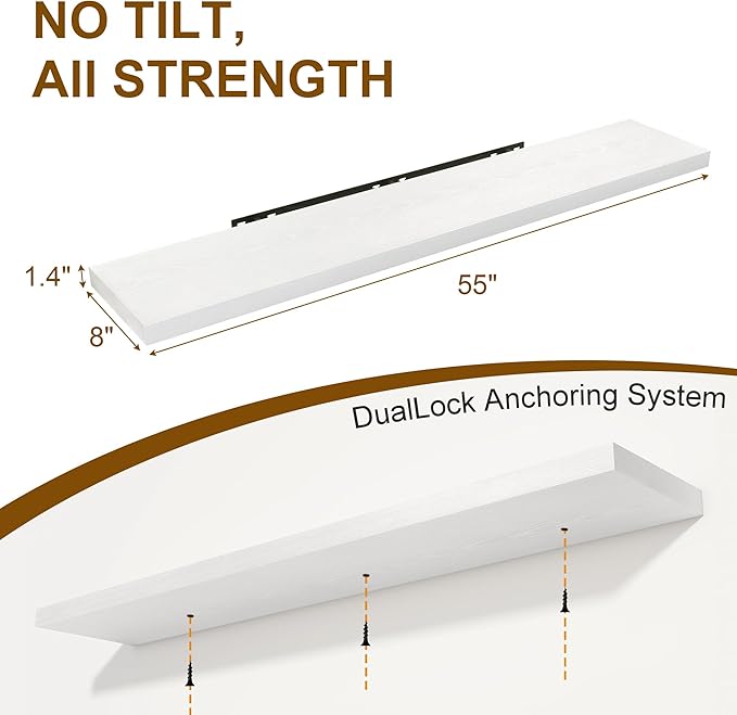 Fun Memories 55 Inch Floating Shelves for Wall 2 Pack Shelves for Bedroom|Kitchen|Bathroom Wall Mounted Rustic Wood Floating Shelf with Invisible Brackets for Books|Storage|Decor, White