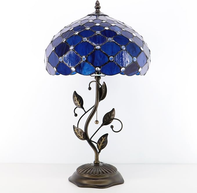 Tiffany Table Lamp, Stained Glass Style Desk Lamp, 12X12X19 Inch,Bedside Reading Light, Metal Leaf Base（Blue Beads Style