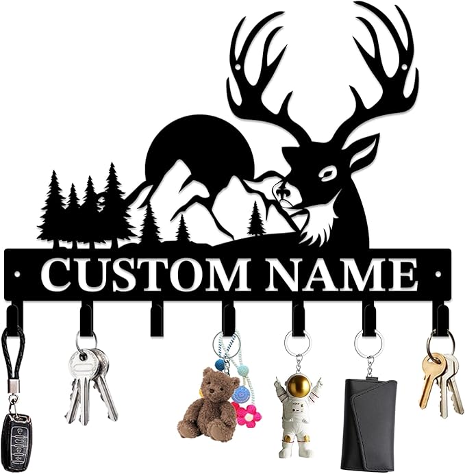 Personalized Custom Name Forest Deer Wall Keys Hooks,Metal Forest Deer Art Clothes Hooks,Metal Forest Deer Wall Home Storage Decorative,For Front Door, Hallway, Kitchen, Bedroom,Keys,Hats (Style B)