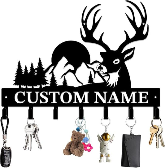 Personalized Custom Name Forest Deer Wall Keys Hooks,Metal Forest Deer Art Clothes Hooks,Metal Forest Deer Wall Home Storage Decorative,For Front Door, Hallway, Kitchen, Bedroom,Keys,Hats (Style B)