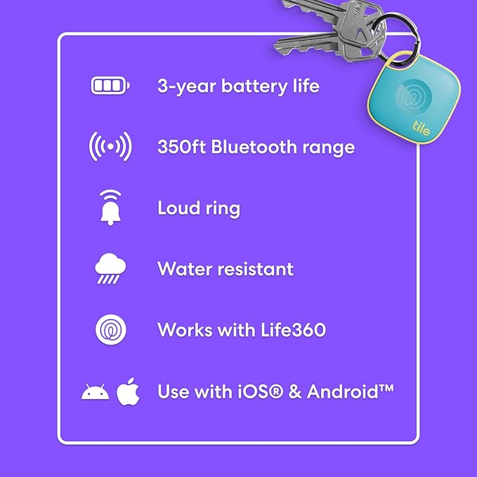 Tile by Life360 Mate - Bluetooth Tracker, Keys Finder and Item Locator for Keys, Bags and More. Phone Finder. Both iOS and Android Compatible. 1-Pack (Aqua Lemon)