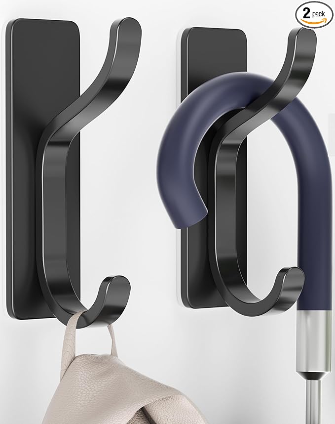 pickpiff Adhesive Wall Coat Hooks - Heavy Duty Stick-On Door Hanger, Metal Hook for Hanging Towel,Purse, Robe, Backpack, Jacket, Clothes - for Bathroom,Dorm, Closet, Kitchen - Black, 2 Pack