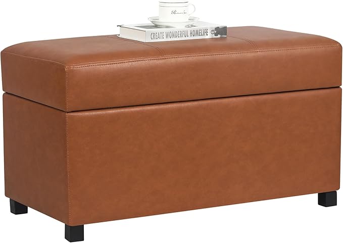 Joveco 32" Leather Storage Ottoman Bench, Rectangle Foot Rest Stool for Living Room, Bedroom, Entryway, Cognac Brown